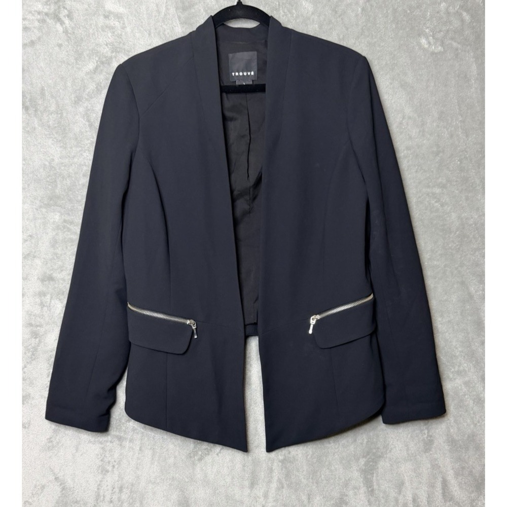Trouve Womens Black Open Front Blazer Jacket Large Minimalist Edgy Office Chic